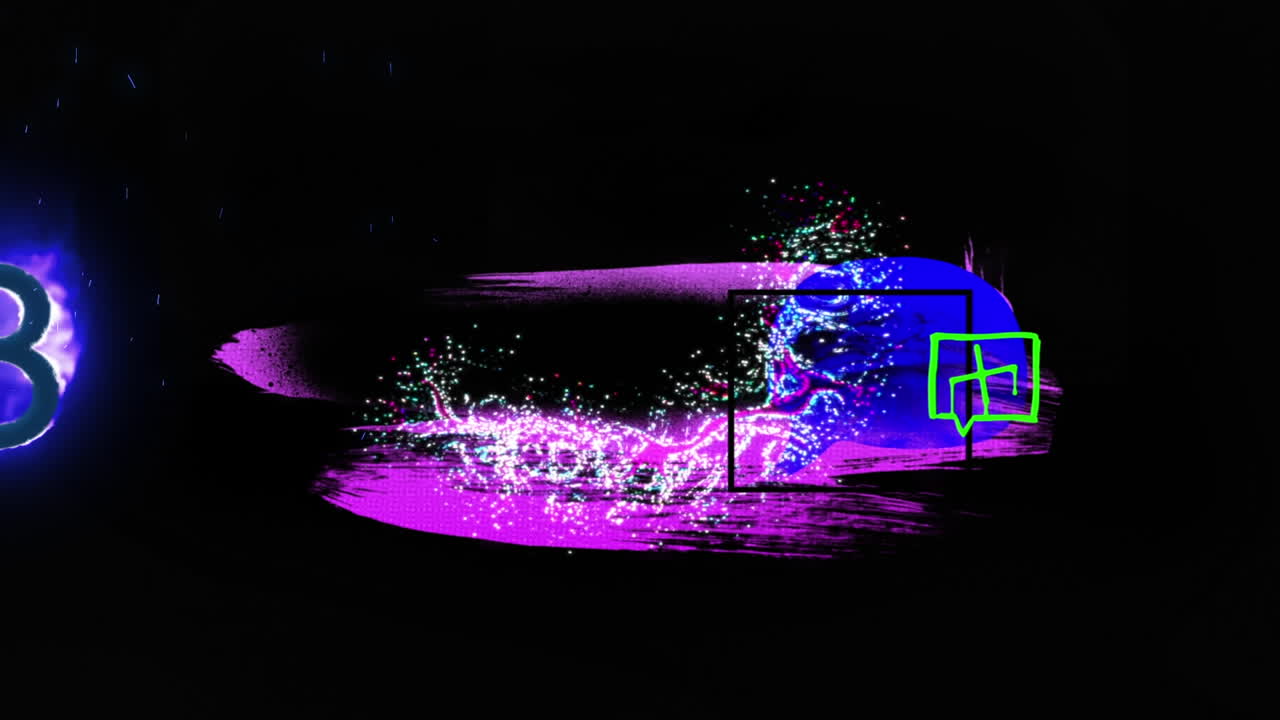 다채로운 추상적인 모양의 애니메이션, 블랙 배경에 폭발 및 불타는 숫자