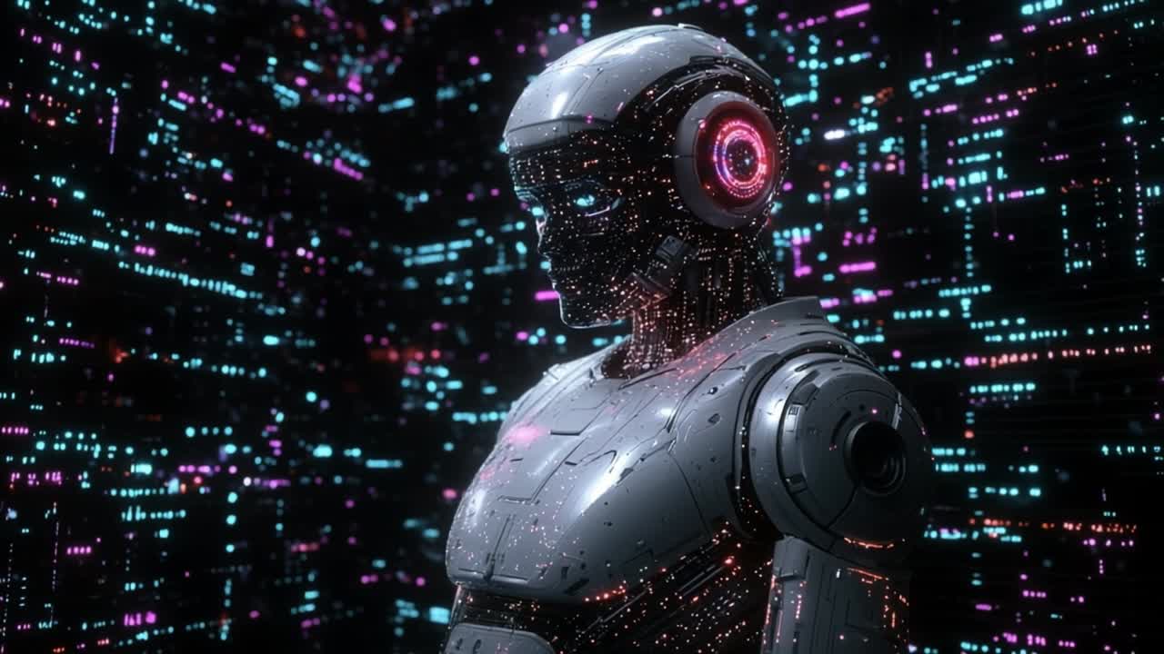 Futuristic Robot in Digital Code Background