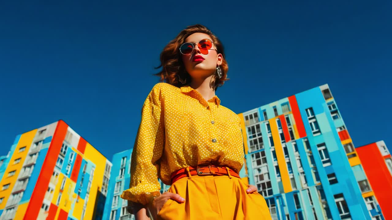 Stylish Young Woman in Bright Yellow Outfit Poses Confidently Against a Vibrant Urban Backdrop of Colorful Buildings, Showcasing Fashion and Individuality Under a Clear Blue Sky