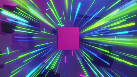 animación del cubo rosa y procesamiento de datos sobre rastros de luz de transferencia de datos