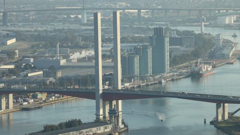 bridge over river with cityscape background