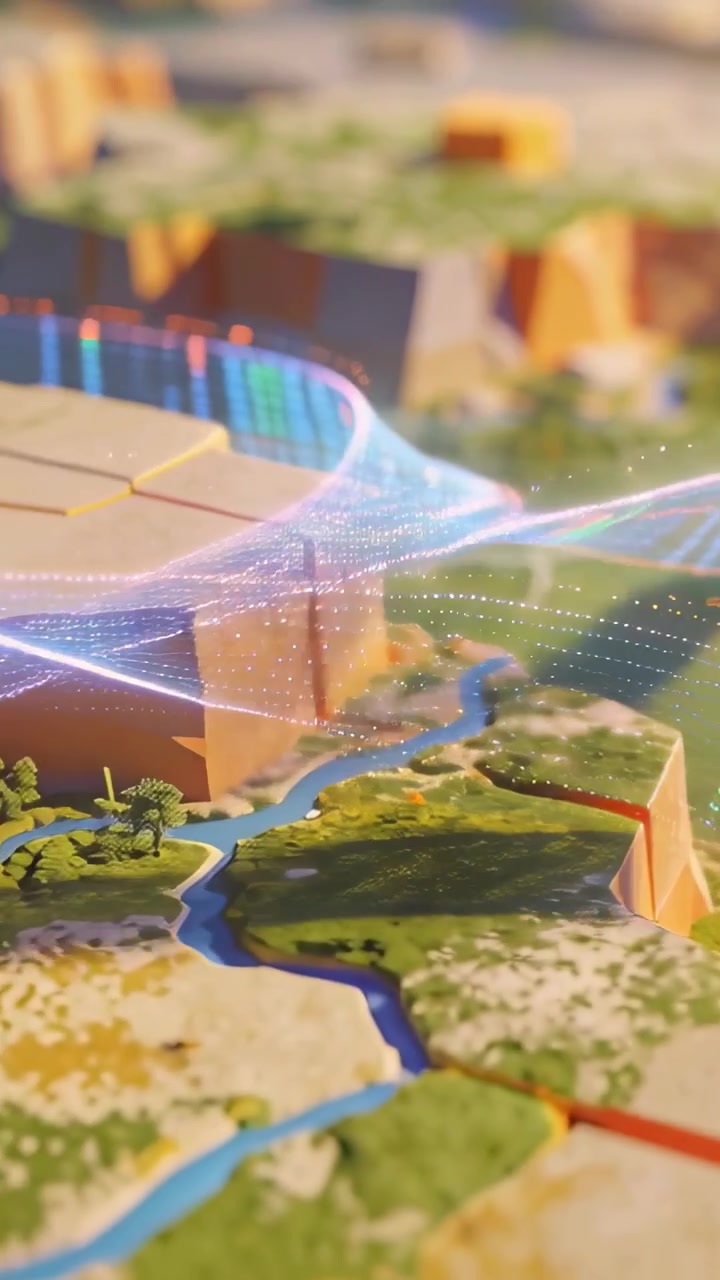 Vertical video: Playback starting, holographic ribbon sweeping across tabletop map, revealing data