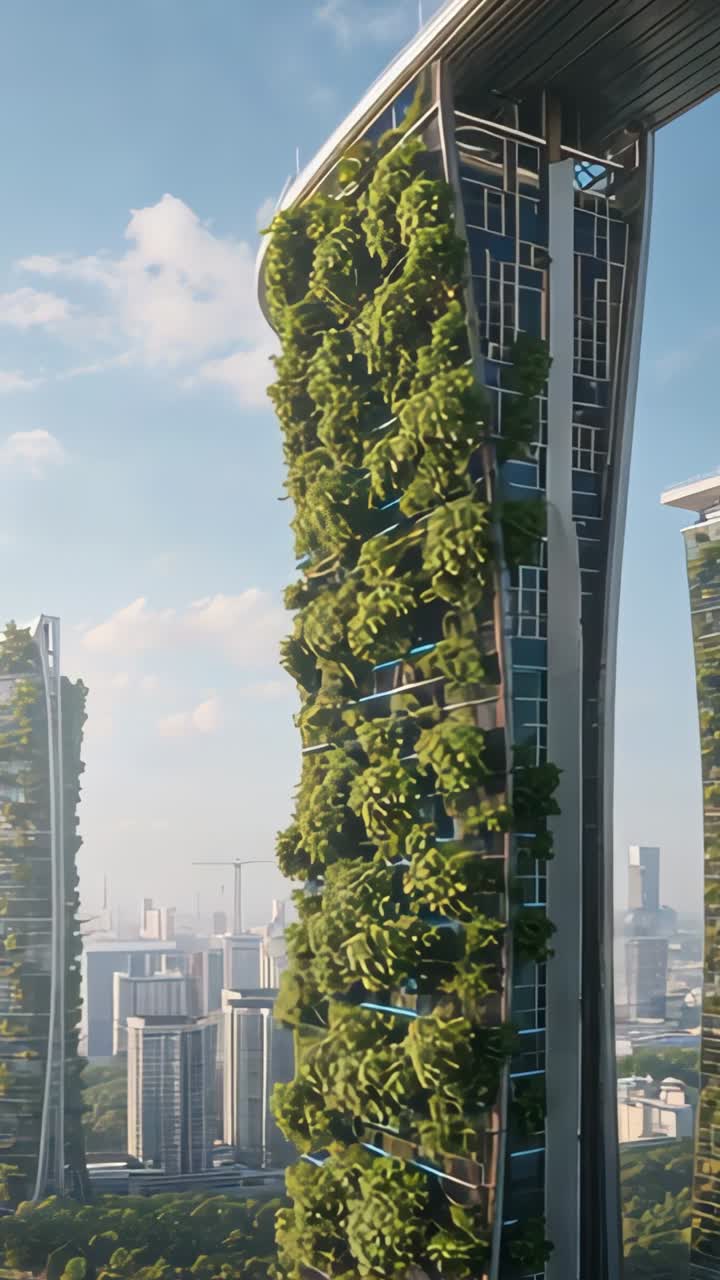 Vídeo vertical: no início, a câmera faz um movimento panorâmico ao redor da torre de jardim no horizonte urbano, revelando detalhes