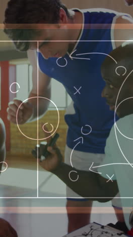 animation of basketball court with tactics drawing over diverse couch with basketball players