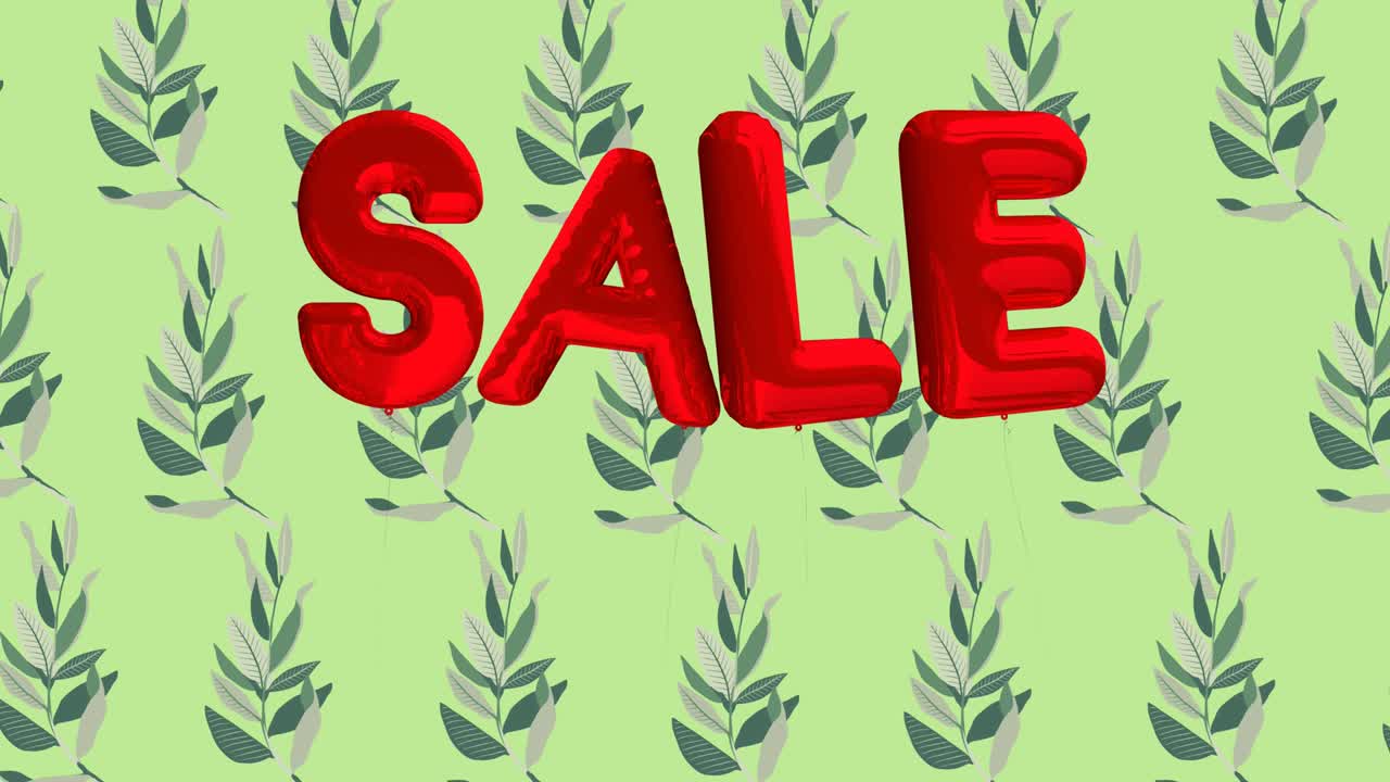 animación de texto de venta en letras de globo rojo sobre flores que se mueven en movimiento hipnótico