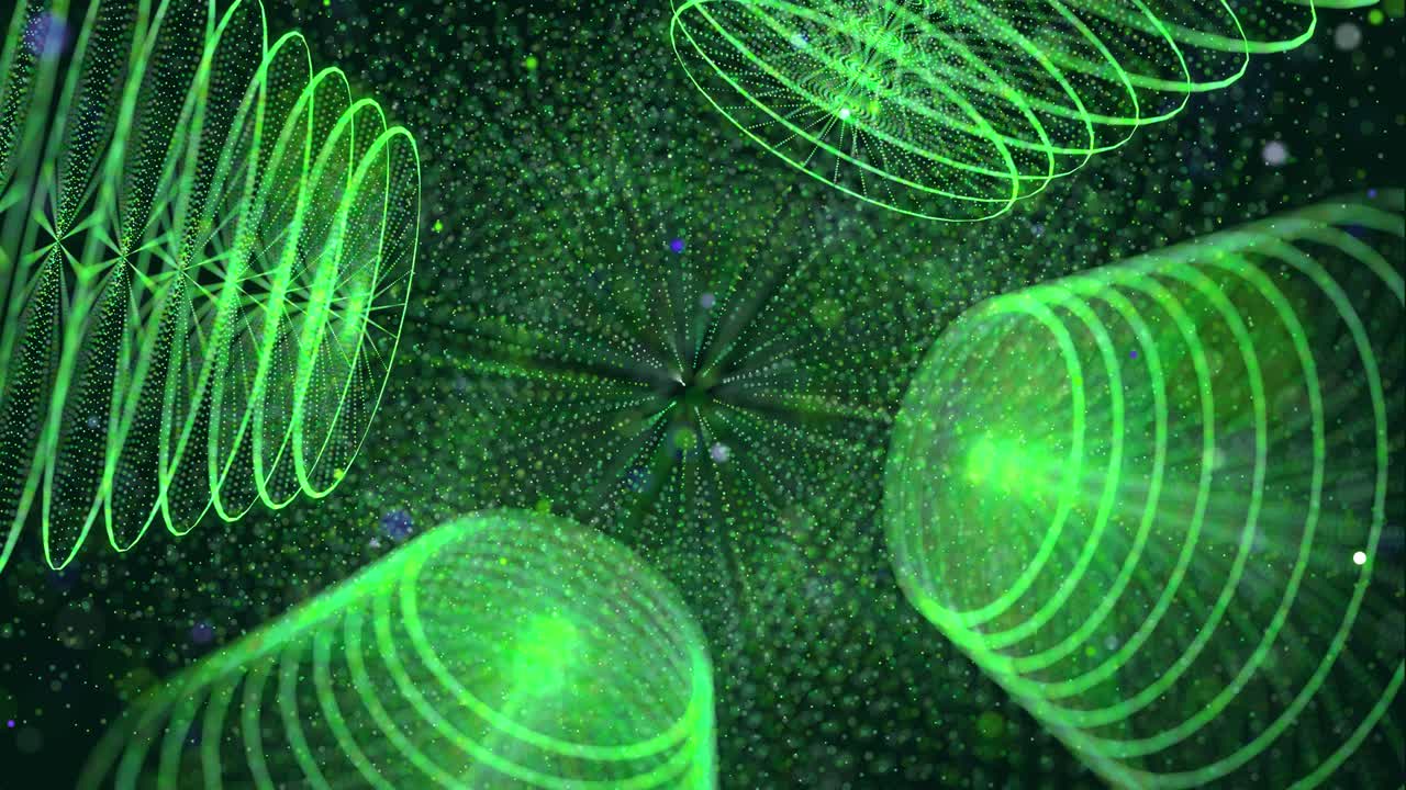 las partículas abstractas de brillo verde forman objetos 3d, cubos y cilindros, bucle vj como bg del espacio digital virtual, partículas que forman forma holoram como concepto de big data, red o espacio vr.