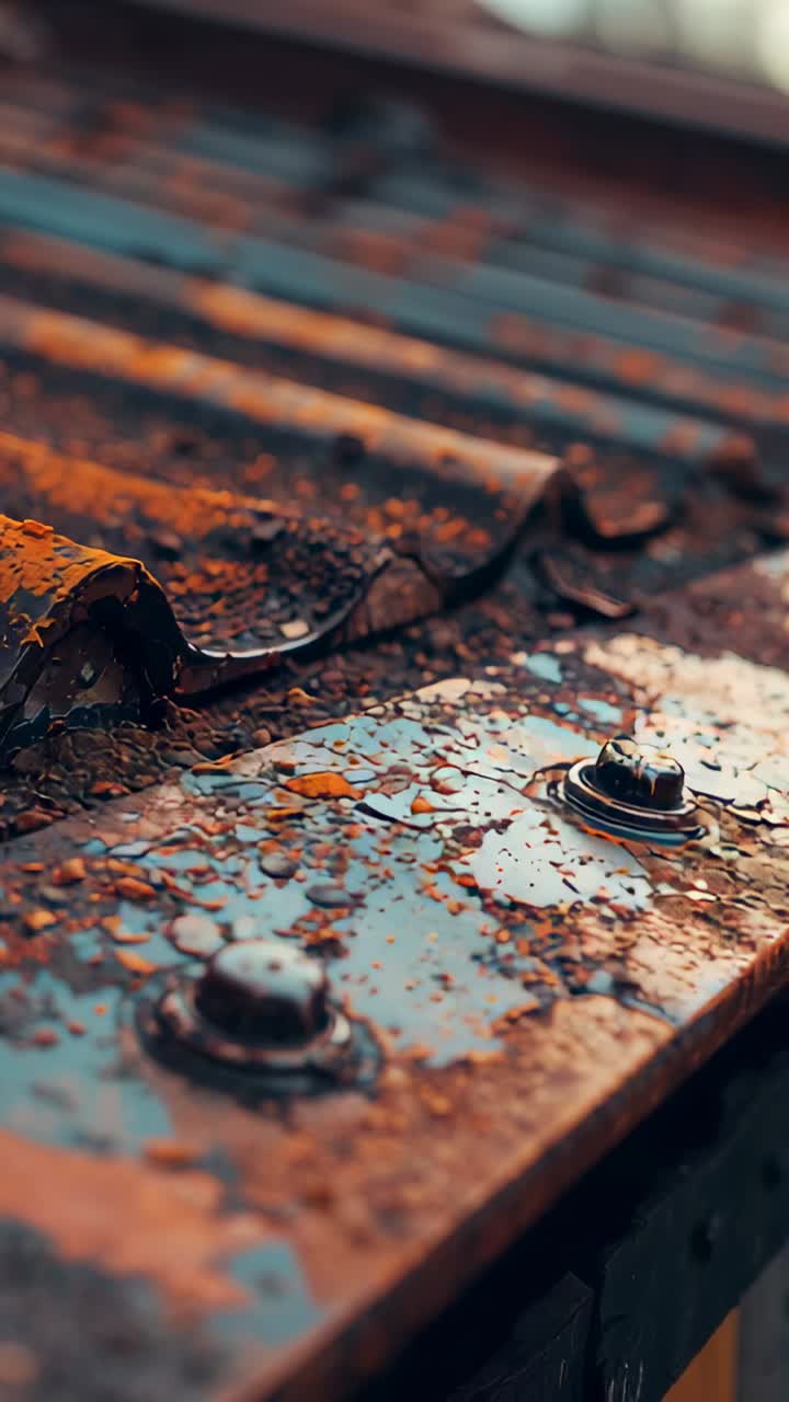 Vertical video: Starting camera gliding along rusty corrugated roof, showing hex screws and beads