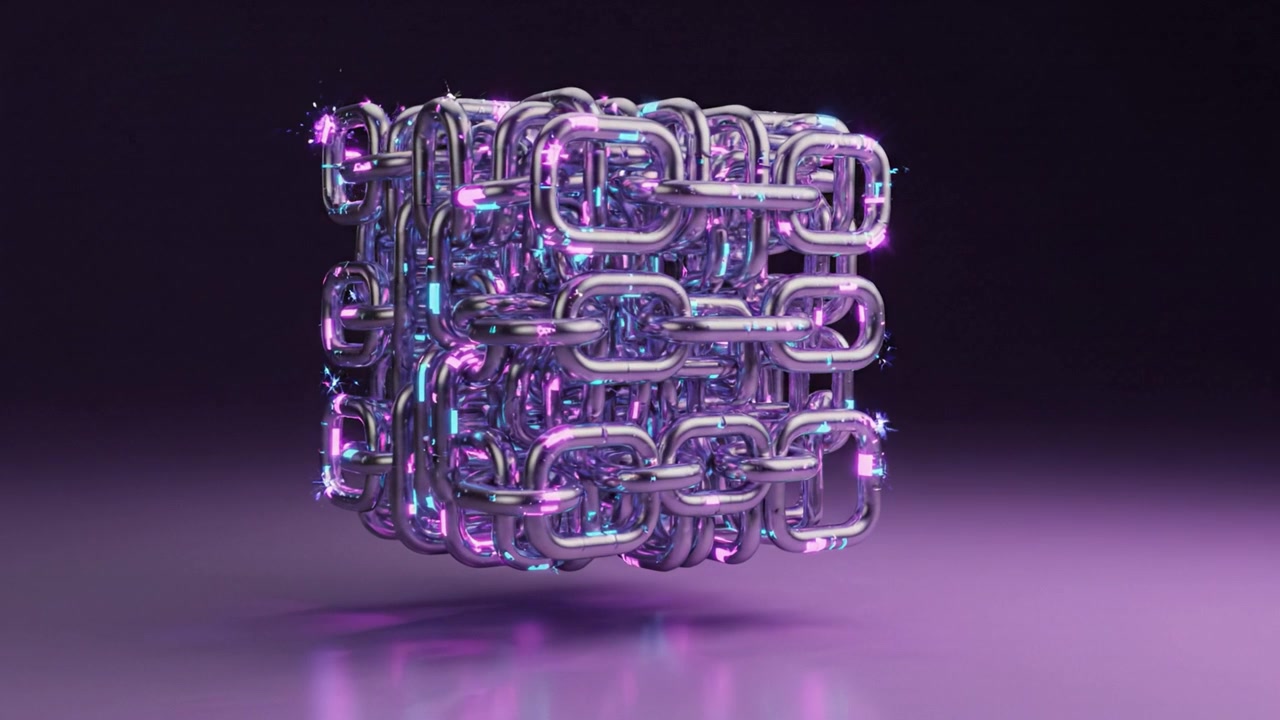 Una straordinaria visualizzazione 3D di una struttura a catena luminosa e interconnessa, che pulsa con vivaci tonalità viola e blu su uno sfondo scuro, catturando l'arte digitale.
