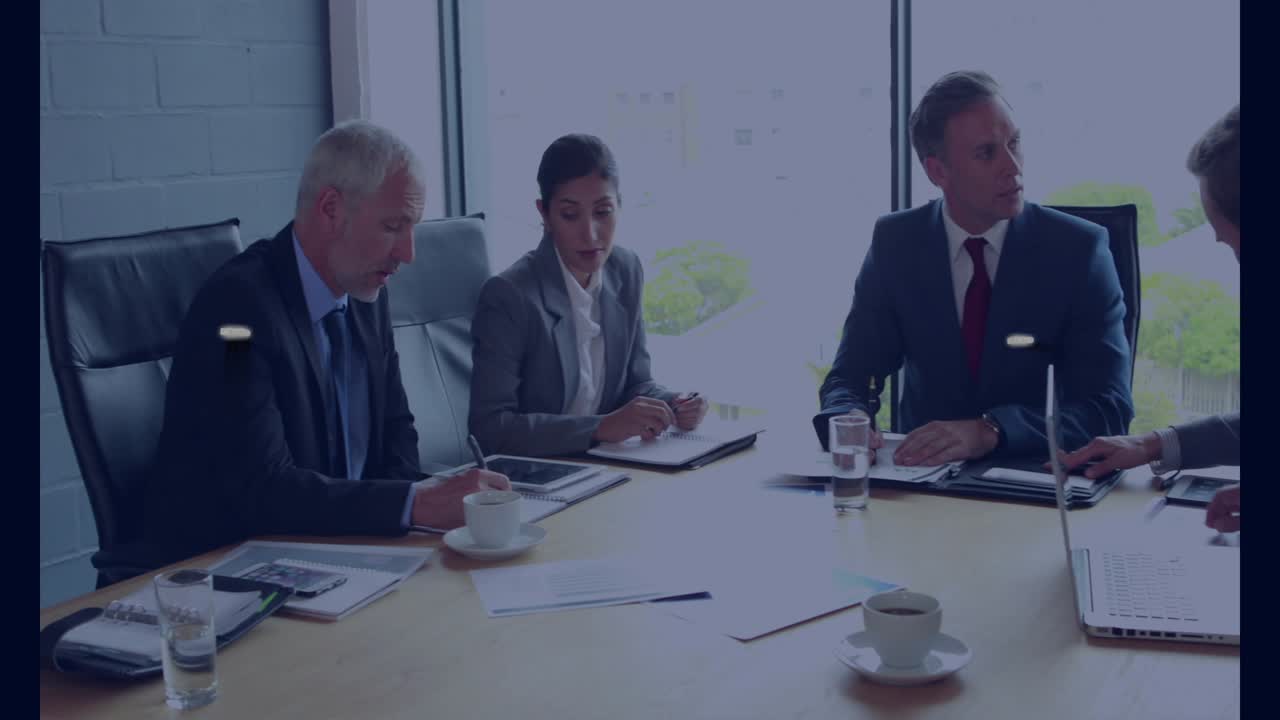 Five finance executives glancing toward laptop and pointing while 3D data graph rising to decide