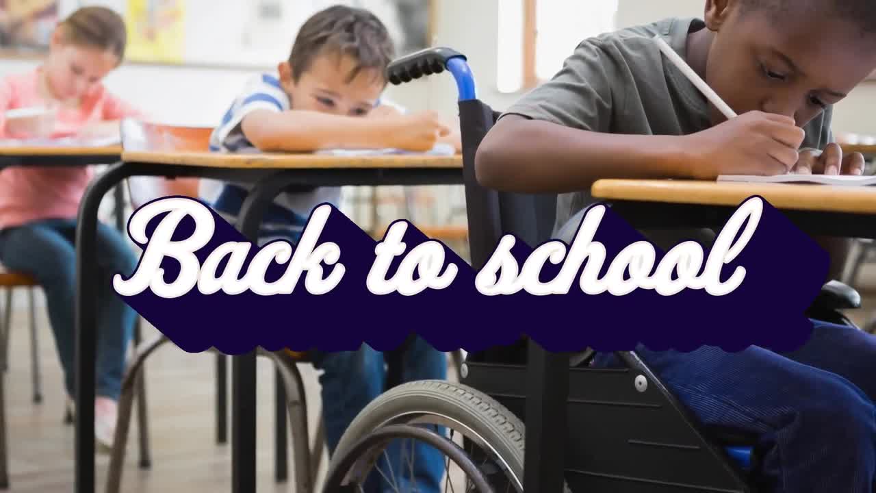 Animation of back to school text over schoolchildren learning