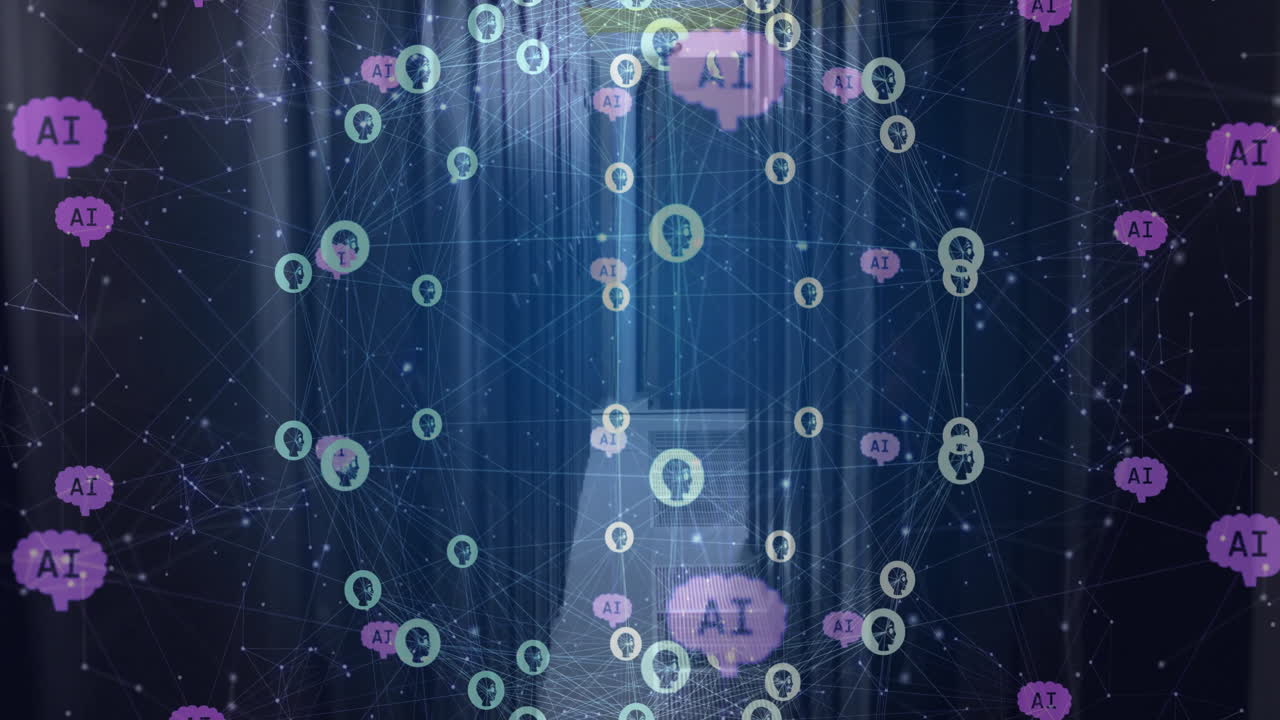 Animation of globe with connections and ai icons over computer servers
