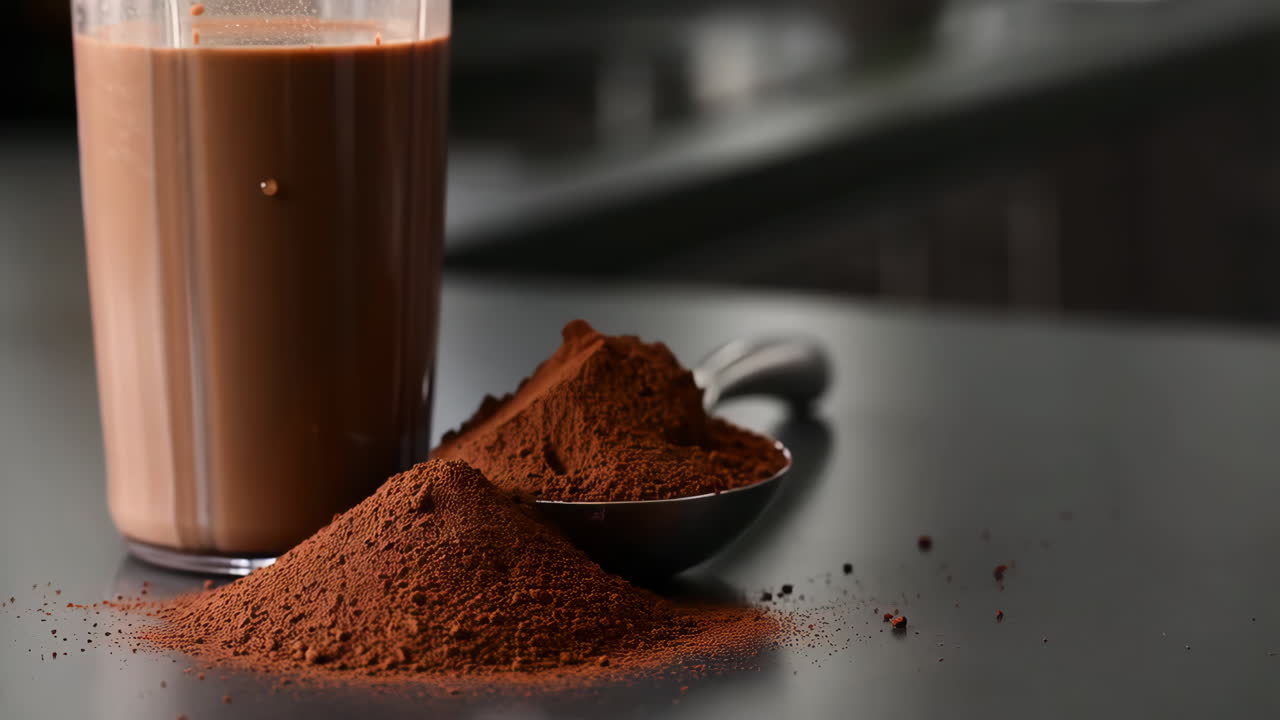 Latte al cioccolato e cacao in polvere su un piano di lavoro della cucina