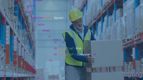 animation of data processing over caucasian male worker in warehouse