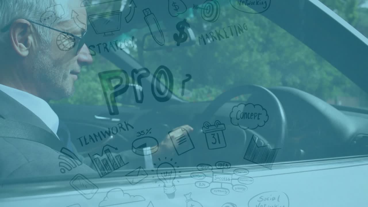 Animation of business texts and icons over caucasian businessman in car