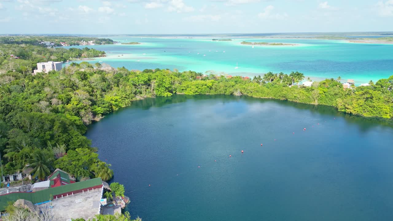 Lush tropical lake in Bacalar, Mexico with turquoise water and jungle view
