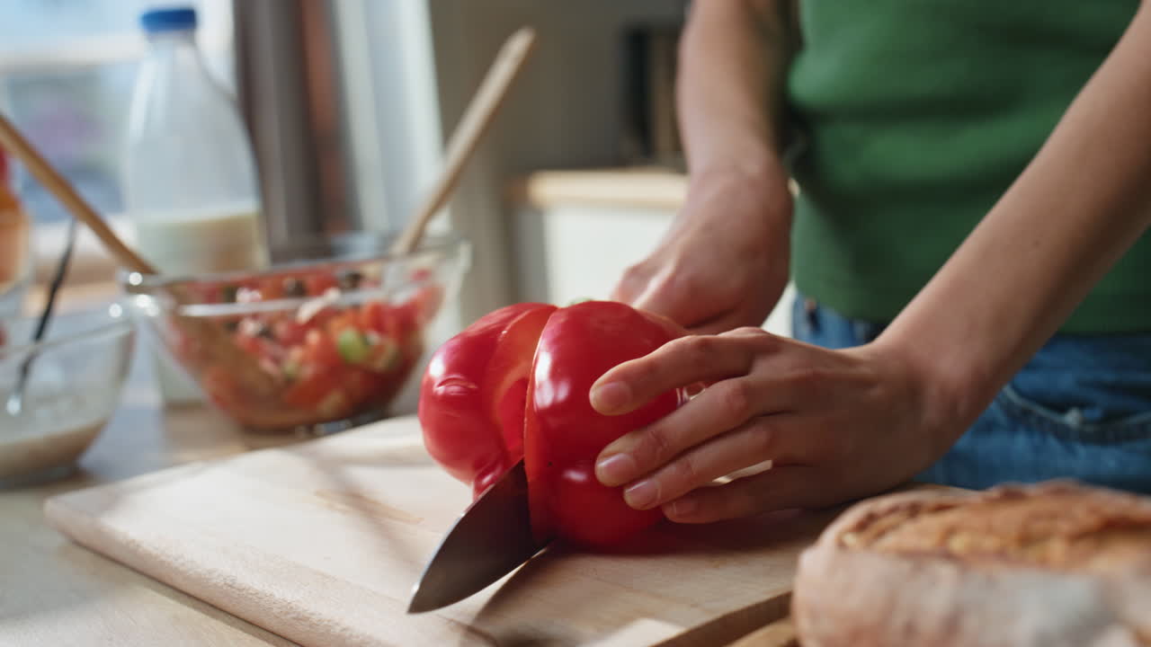 Cutting Red Bell Pepper for Salad