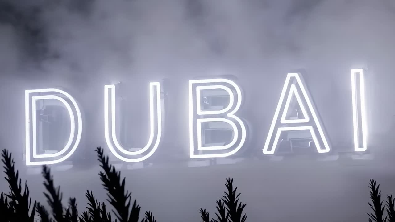 Large neon sign spelling out Dubai mounted on a white wall, with silhouettes of palm trees adding a touch of local flavor to the modern aesthetic