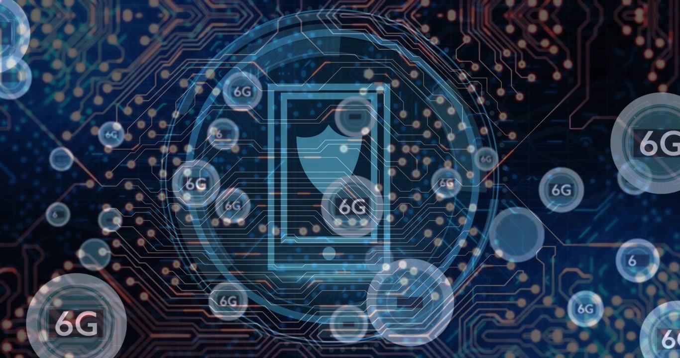 Cyber Security appearing scanning ring forming around smartphone shield bubbles orbiting security