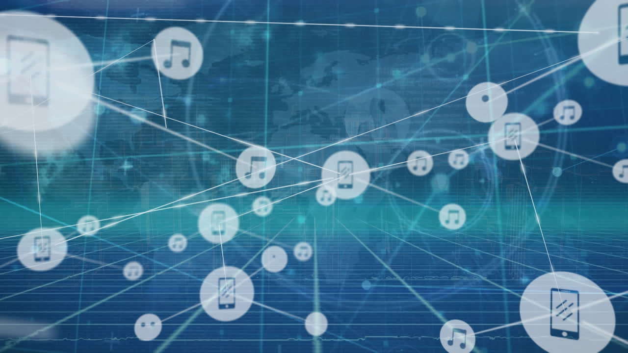 세계 지도에 대한 그리드 네트워크를 통해 연결 네트워크와 디지털 아이콘의 애니메이션