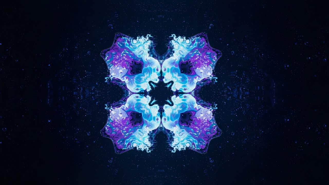 Fractal pulsante de quatro lóbulos iniciando o ciclo de cores em campo escuro, revelando o núcleo da estrela e pontos brilhantes