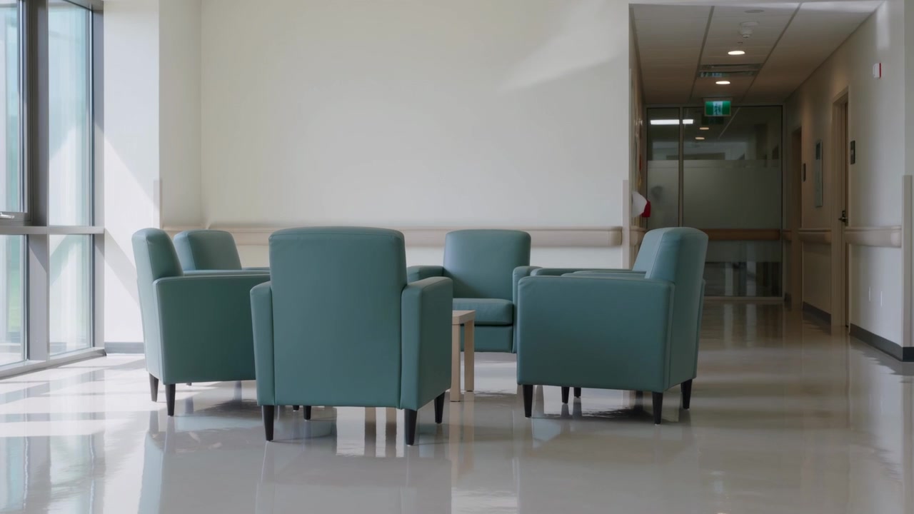 Panning camera moving forward through medical waiting alcove, bringing five teal armchairs closer