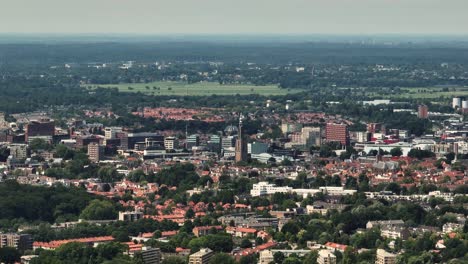 aerial panning view of the heart of the city amersfoort in the netherlands, with