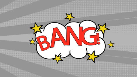 animation of vintage comic cartoon speech bubble with bang! text written on grey striped background