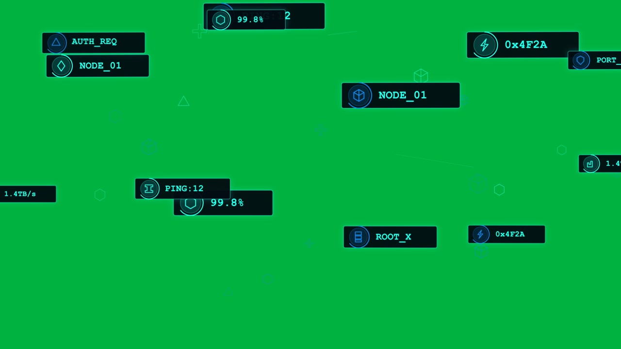 On load NODE_01,ROOT_X,PING:12 panels animating, icons drifting, showing net status, transparent
