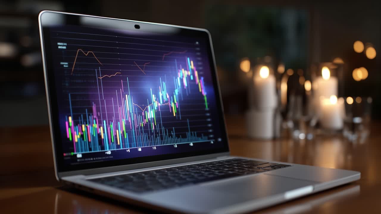 Uno schermo di laptop che mostra dati finanziari con vivaci grafici del mercato azionario, candele colorate e linee fluttuanti in un ambiente poco illuminato.