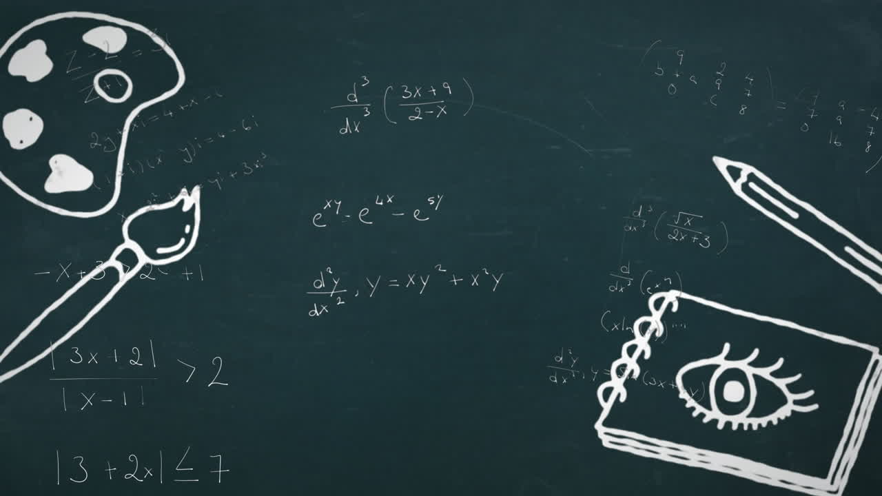 그래픽 위에 수학 수식과 학교 물건 아이콘의 애니메이션