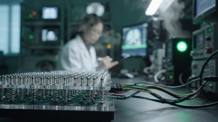 An Insightful Glimpse into Advanced Laboratory Technology Featuring an Array of Circuit Boards and a Focused Researcher Analyzing Data with Precision