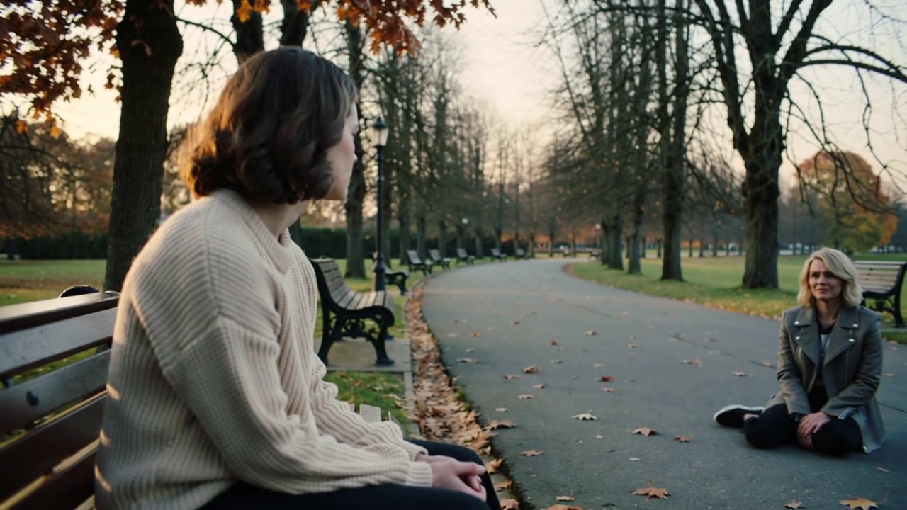 Turning, woman on bench watching park path, camera widening, revealing grey coat and cream sweater