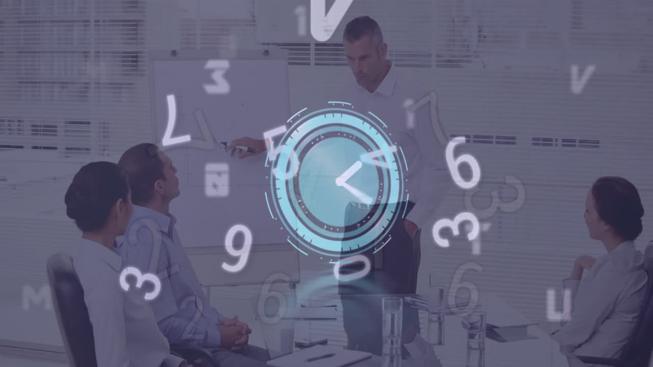 Animação de relógio e números, processamento de dados sobre pessoas de negócios