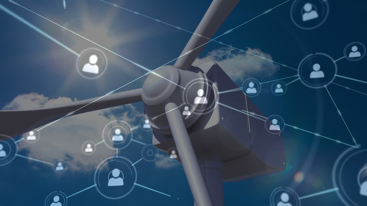 Animation of network of connections over wind turbine and sky