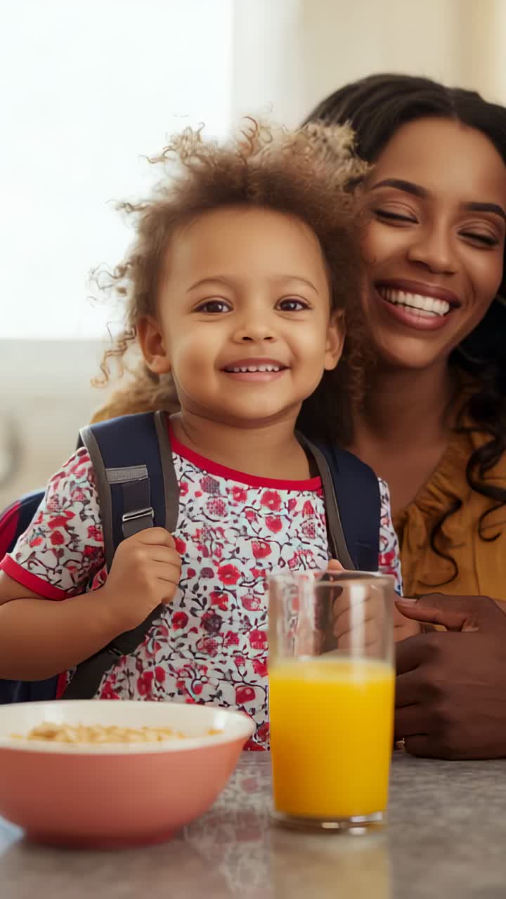Vertical video: Finishing cereal child adjusting backpack at kitchen counter, mother leaning in