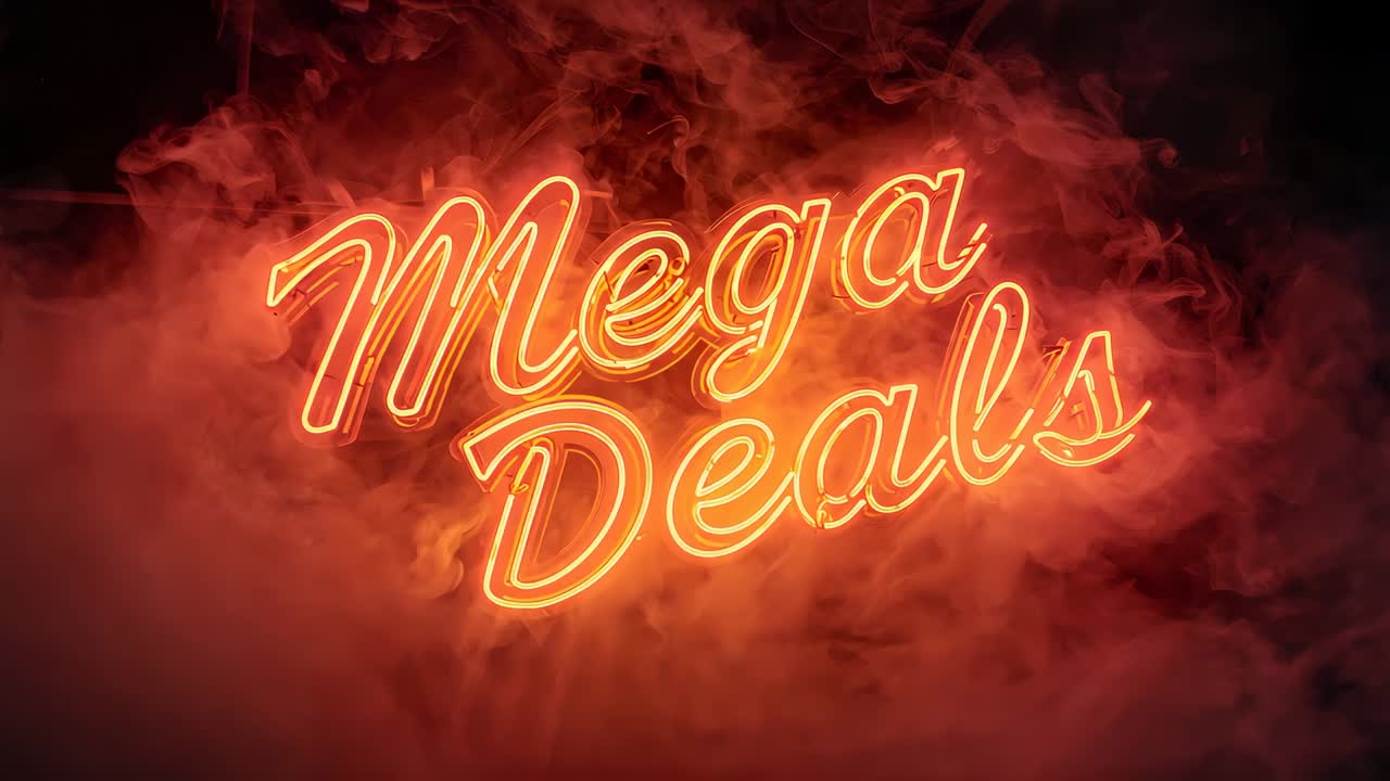 Glowing Mega Deals sign intensifying in dark studio, emitting warmer glow and rising flames