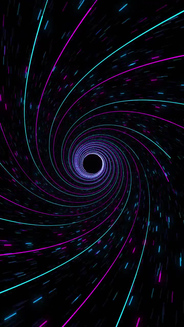 Cyan pink tunnel vortex scene glowing spiral paths rushing neon particles and deep black center for