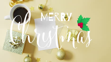 merry christmas text animation over festive decorations on yellow background