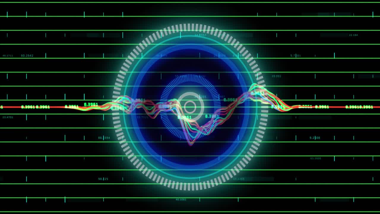 검은색 배경에 대한 데이터 처리에 대한 네온 둥근 스캐너의 애니메이션
