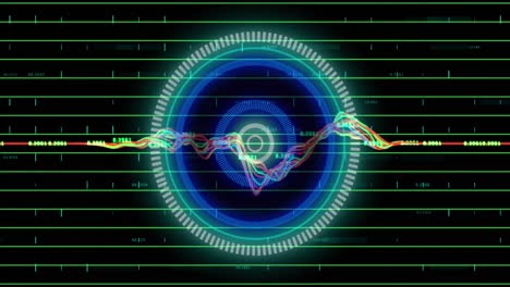 Animation-of-neon-round-scanner-over-data-processing-against-black-background