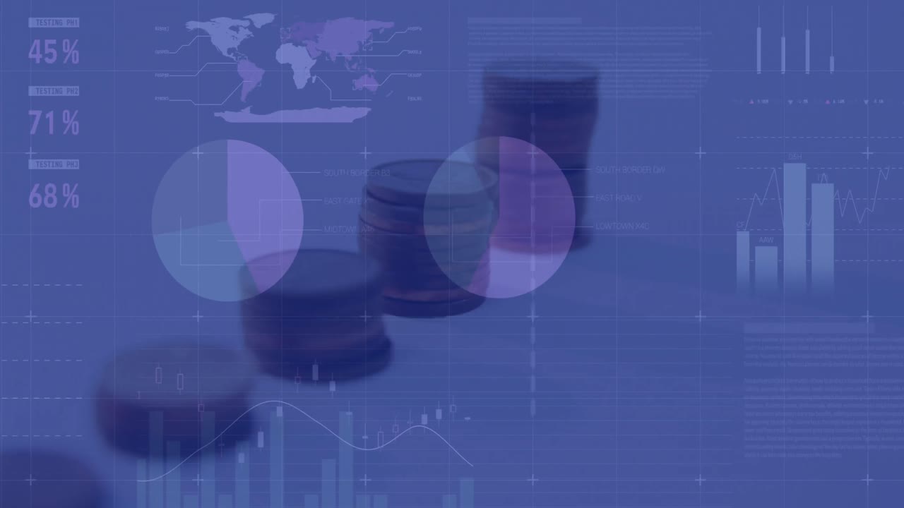 Animation of financial data processing and statistics recording over stacks of coins