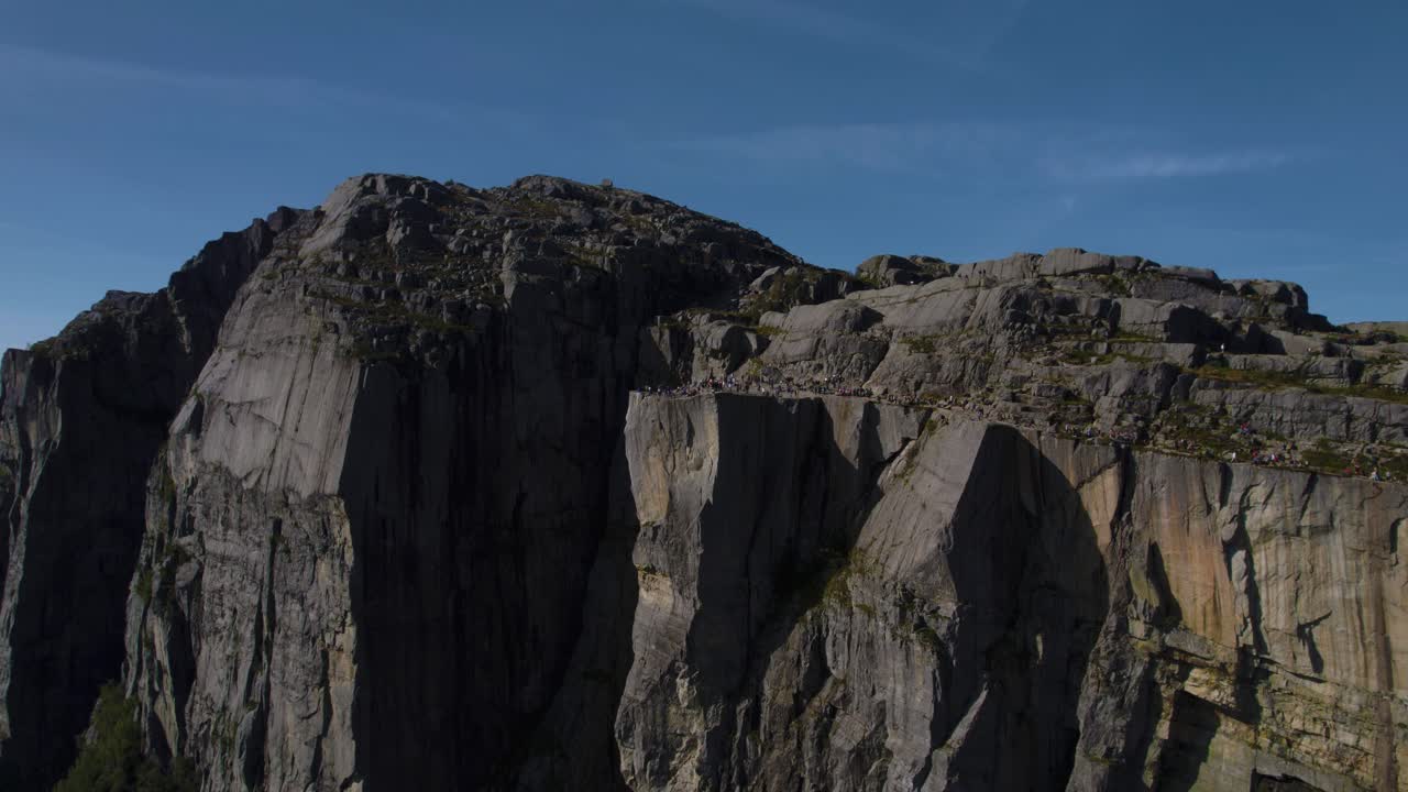 Spectacular drone footage of Preikestolen rock with clear blue sky. Mountain Norway fjord landscape.