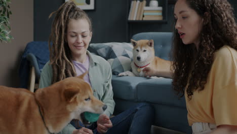 women playing with dogs in a living room