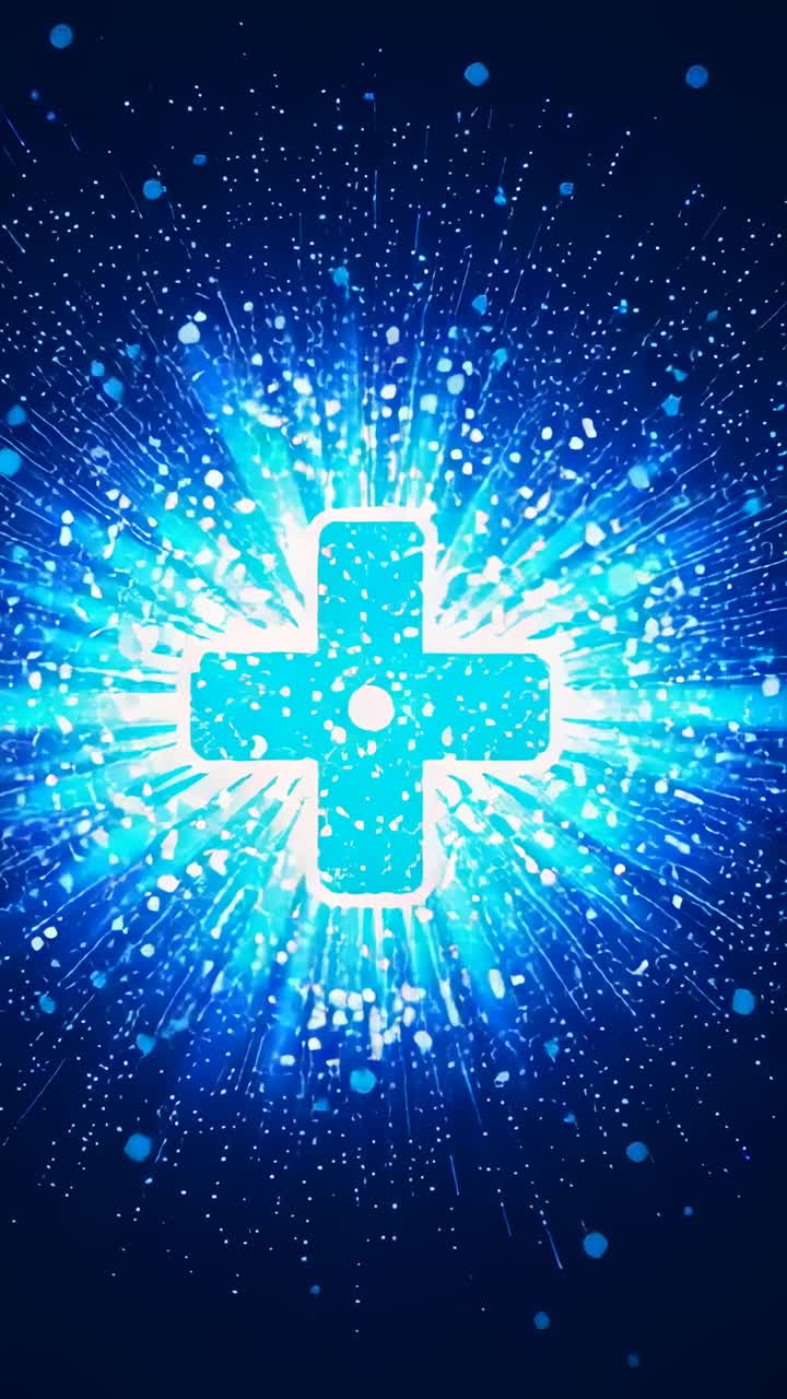 Vertical video: Appearing blue plus sign with core dot pulsing, sending sparks forming star in dark