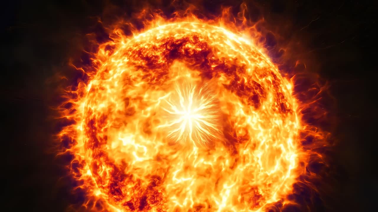 Close-up video of a fiery sun, captured from a frontal angle, showcasing intense flames and dynamic