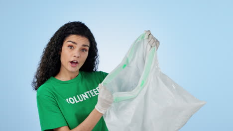 woman, volunteer and plastic for waste