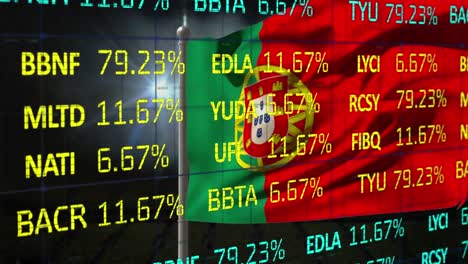 animation of stock market data processing against waving portugal flag and light spot