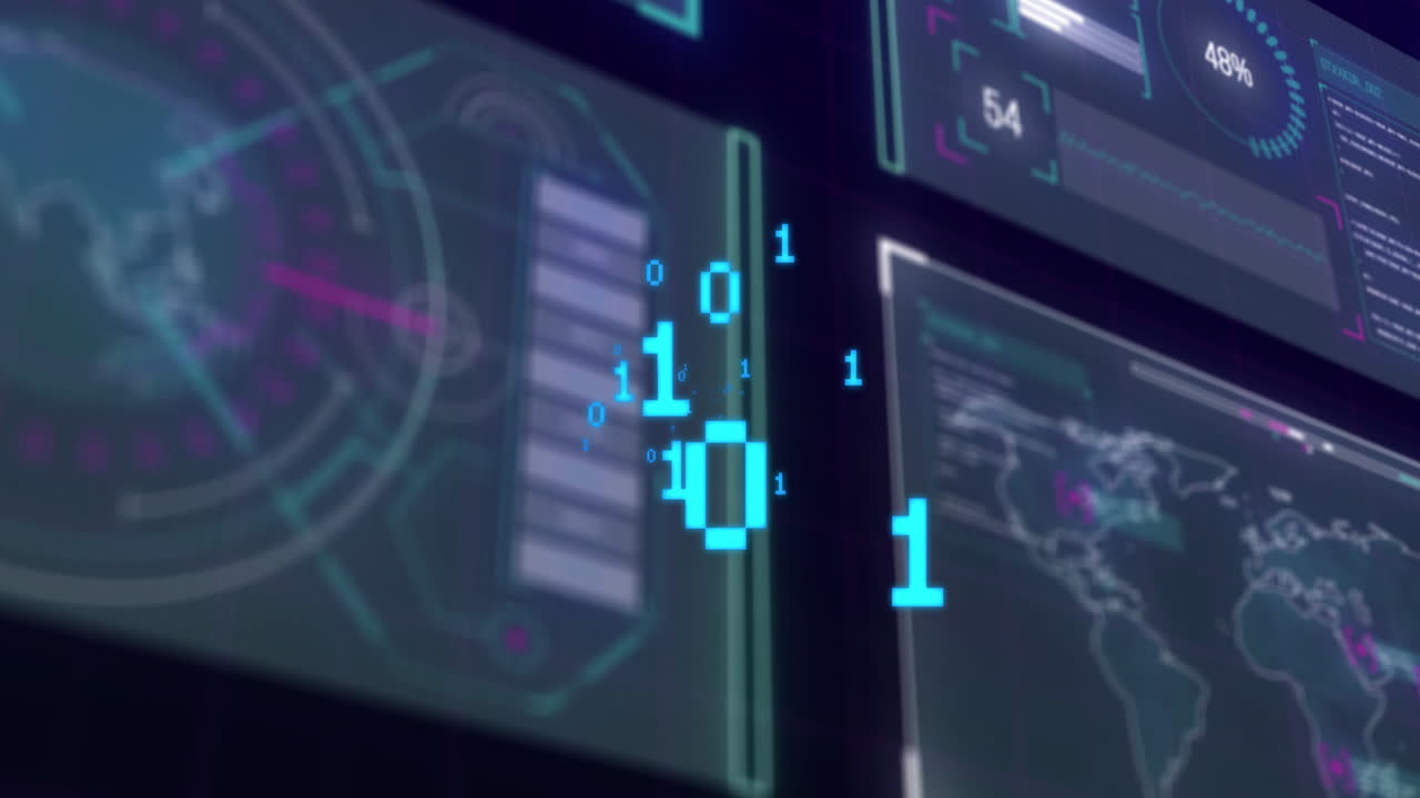 Digital data and binary code animation over futuristic interface screens