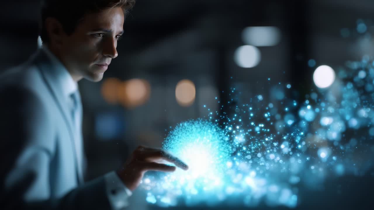 Un uomo in giacca e cravatta interagisce con uno schermo olografico luminoso, circondato da particelle scintillanti, mentre manipola informazioni digitali in un ambiente futuristico.