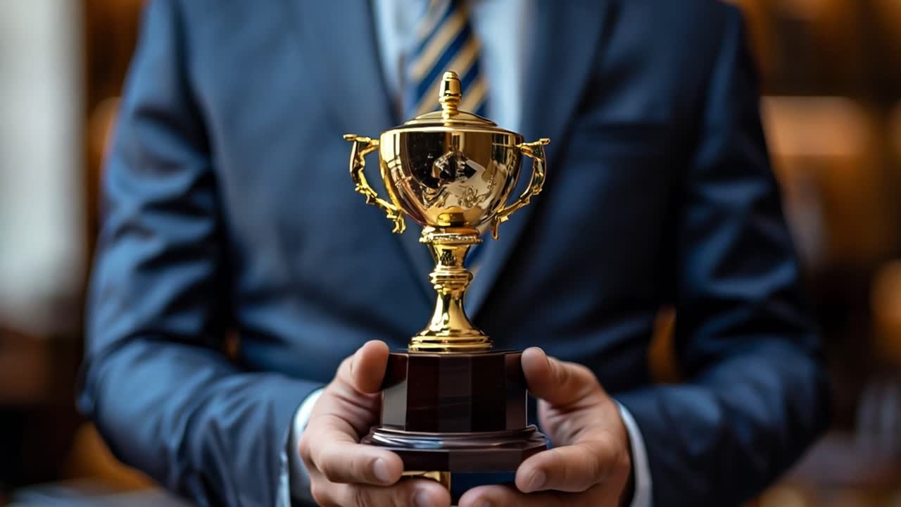 Man holding a gold trophy
